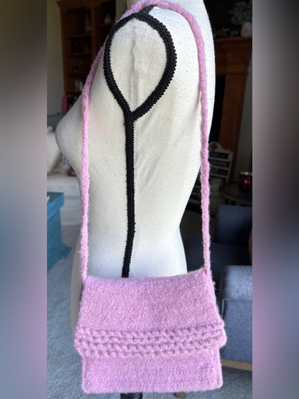 Handmade Pink Felted Wool Knit Crossbody Purse Bag